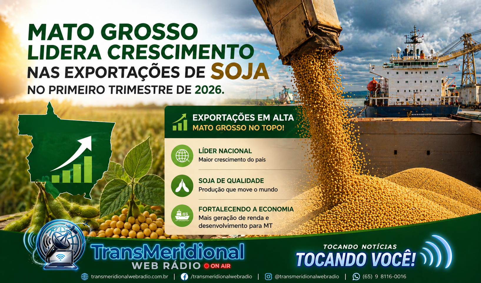 Mato Grosso lidera crescimento nas exportações de soja no primeiro trimestre de 2026 Mato Grosso lidera crescimento nas exportações de soja no primeiro trimestre de 2026