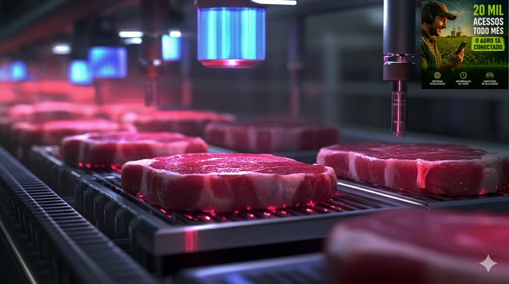 Uma esteira automatizada de alta tecnologia em um laboratório ou instalação industrial moderna exibe vários bifes de carne crua e marmorizada, organizados em fileiras. Dispositivos robóticos com luzes azuis e sensores avermelhados monitoram ou processam os cortes de carne diretamente sobre uma grade metálica. No canto superior direito, há um selo quadrado com a foto de um homem no campo olhando para o celular e o texto informativo "20 MIL ACESSOS TODO MÊS - O AGRO TÁ CONECTADO", acompanhado por ícones de serviços.