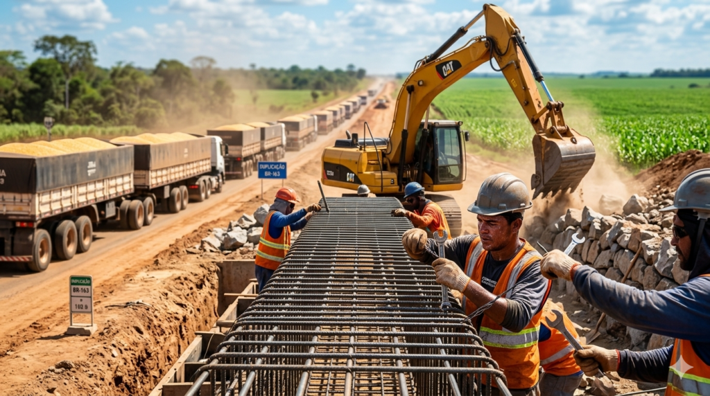 Obras na BR-163 entram em ritmo intenso entre Mato Grosso e Pará durante avanço da safra de milho. Obras na BR-163 entram em ritmo intenso entre Mato Grosso e Pará durante avanço da safra de milho.