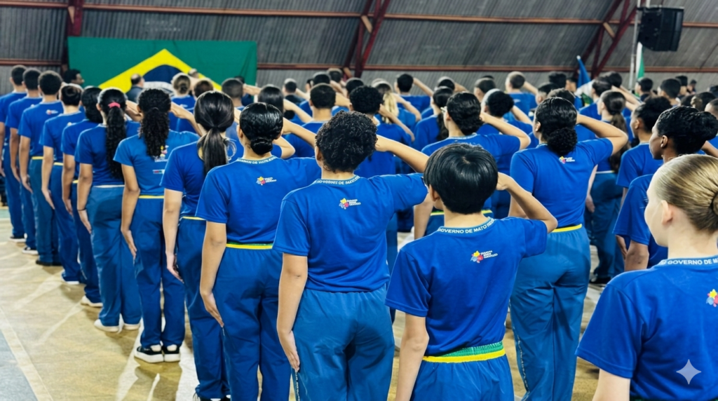 Alunos com uniforme azul da prefeitura de Colíder em fila, prestando continência à bandeira nacional.