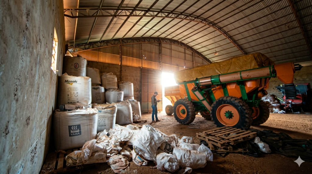 Galpão de fazenda em Mato Grosso com sacos de fertilizantes agrícolas empilhados e maquinário de grande porte parado, ilustrando o impacto dos custos de insumos no agronegócio.