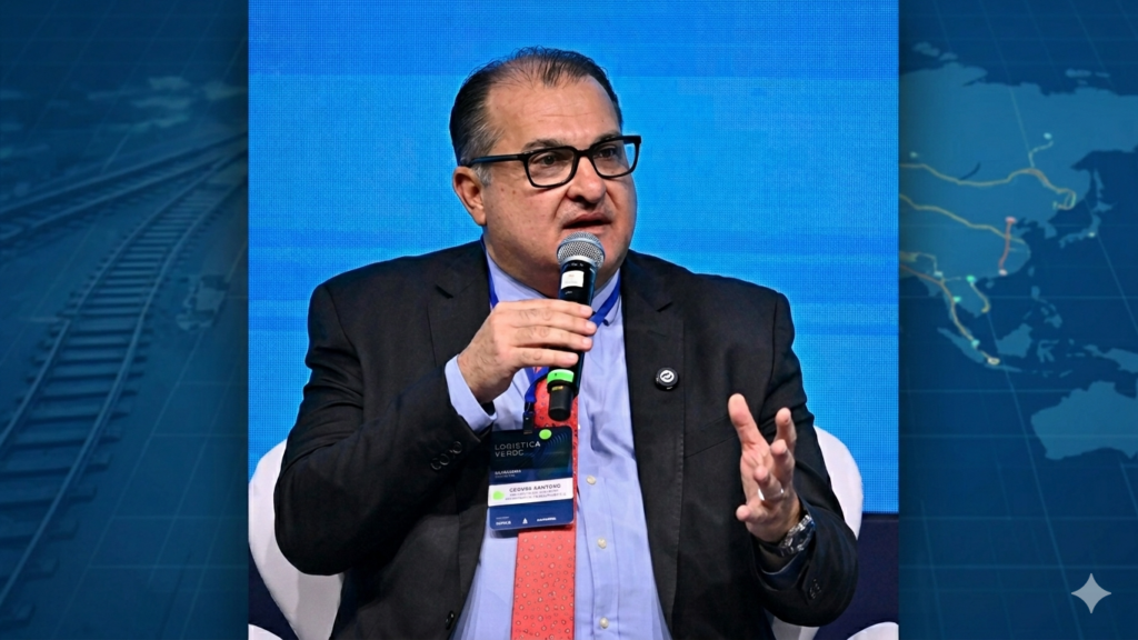 George Santoro em entrevista, fundo azul ladeado do mapa do Brasil e ferrovias.