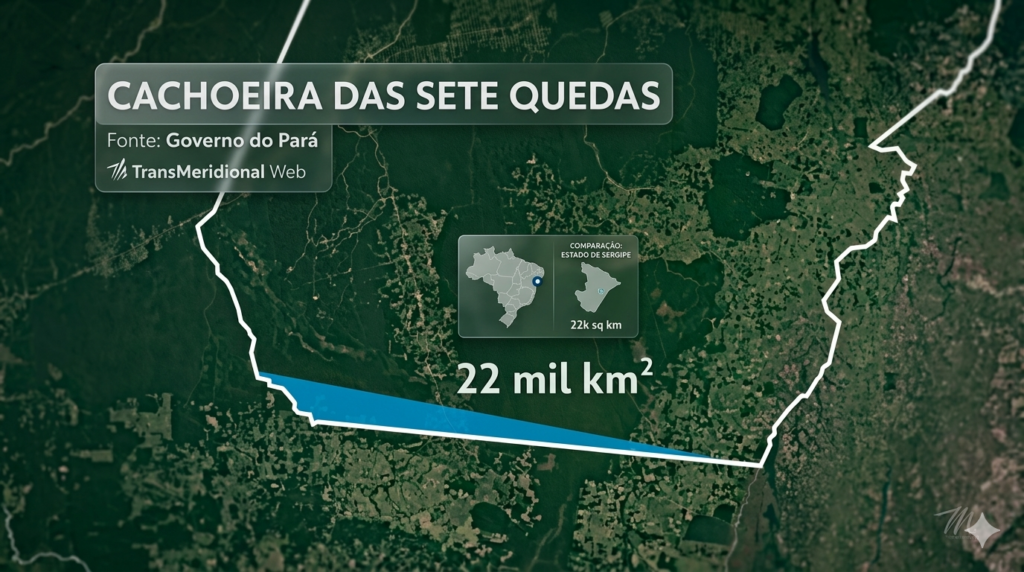 Recorte do mapa dos limites dos estados de MT e PA mostrando a área em disputa, legendas da cachoeira das sete quedas e fonte do Governo do Pará e logo Transmeridional.