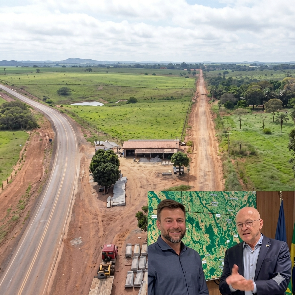 Vista aérea de trecho da rodovia MT-410 mostrando a transição entre asfalto e estrada de terra na região de Colíder, Mato Grosso. No canto inferior direito, imagem recortada do prefeito Rodrigo Benassi ao lado do vice-governador Otaviano Pivetta em reunião institucional sobre obras e logística no Nortão.