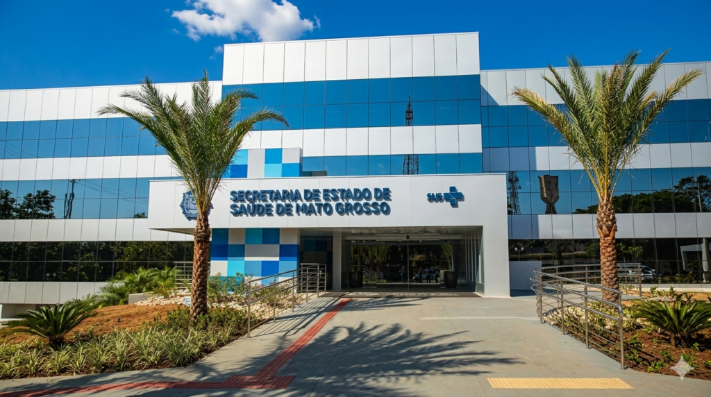 Fachada da Secretaria de Estado de Saúde de Mato Grosso (SES-MT) em Cuiabá, exibindo a entrada principal de um prédio moderno espelhado com detalhes em azul e branco sob céu limpo.