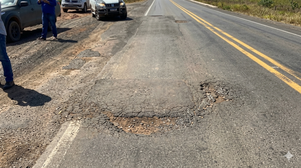 Buraco no asfalto da rodovia MT-170 expõe solo e remendo precário, ilustrando os problemas na execução da obra de pavimentação em Mato Grosso.