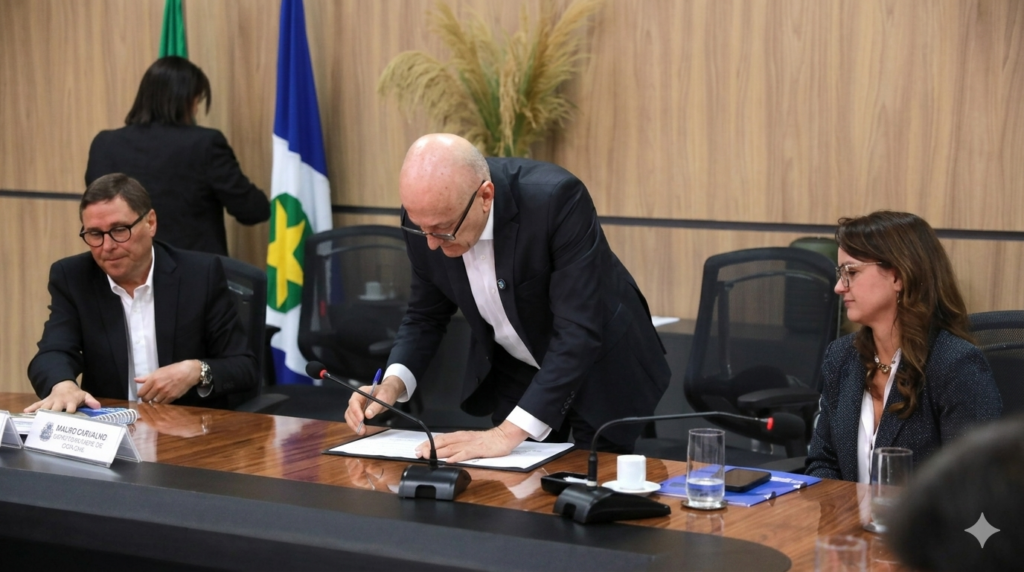 Governador Pivetta assinando documento ladeado de secretários em sala de reunião oficial do governo.