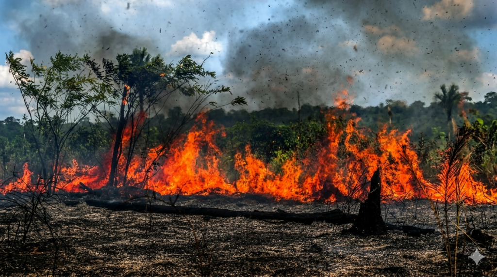 Queimada, fogo avançando sobre área de natureza.