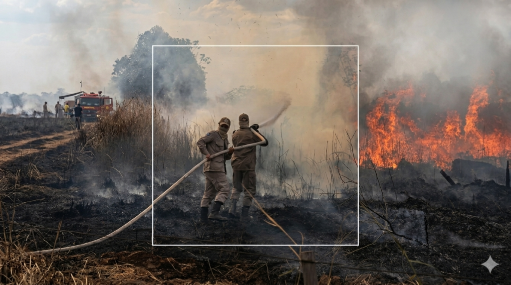 Queimadas. Bombeiros com mangueira, fogo, fumaça, viaturas.