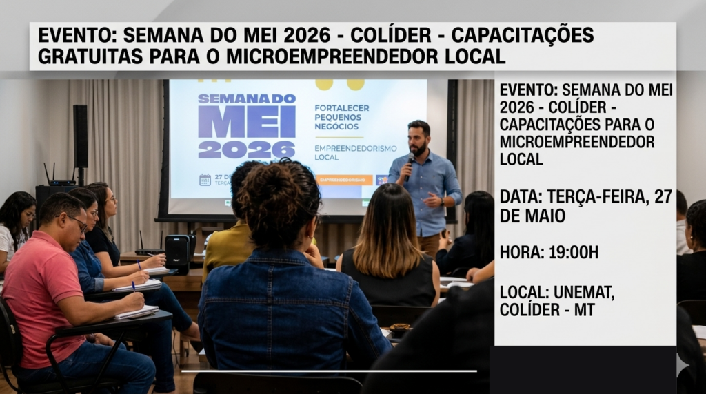 Palestrante e público em auditório, ao fundo projeção em telão de dizeres da semana do MEI, e legenda com informações ao lado.