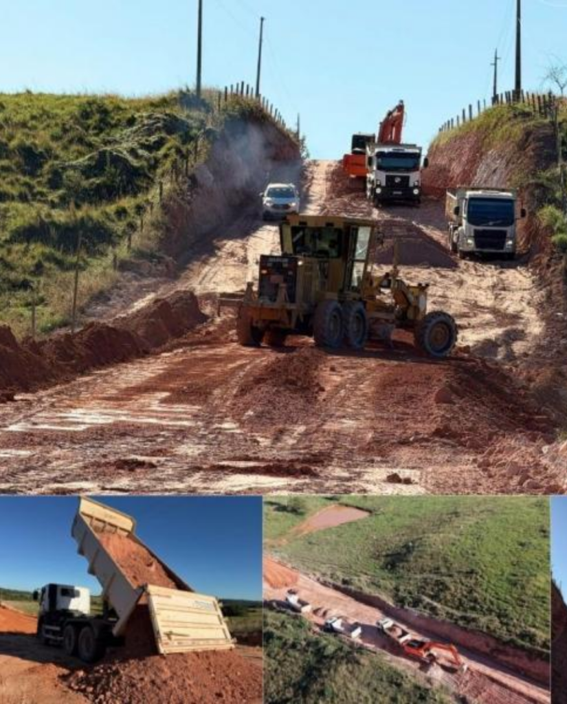 Obras em estradas vicinais de Colíder com motoniveladora e caminhões realizando rebaixamento de terra na Serra Doce Mel.