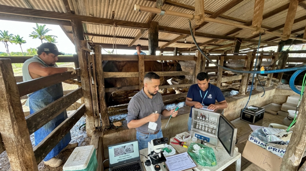 Técnicos e veterinários realizam procedimento de melhoramento genético via fertilização in vitro (FIV) em curral de propriedade rural de agricultura familiar em Colíder, Mato Grosso. Na cena, profissionais manipulam equipamentos de laboratório de campo, microscópio e seringas ao lado de vacas receptoras da raça Girolando para aumento da produção de leite.