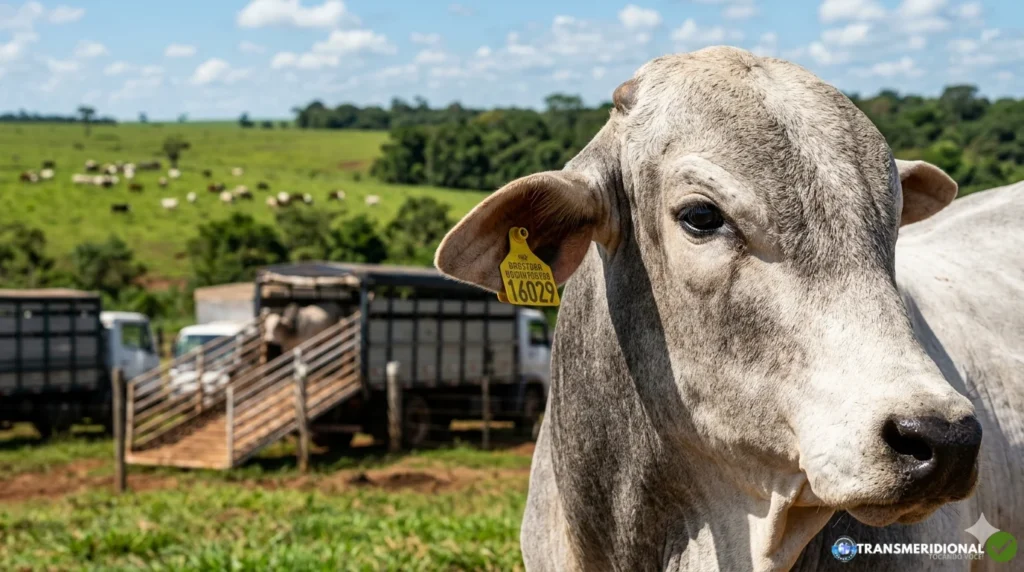 Close-up de um boi Nelore em destaque com brinco de identificação amarela na orelha, em primeiro plano. Ao fundo desfocado, caminhões de transporte de gado estacionados em uma fazenda com pastagem verde e céu azul com nuvens sob a luz do dia.