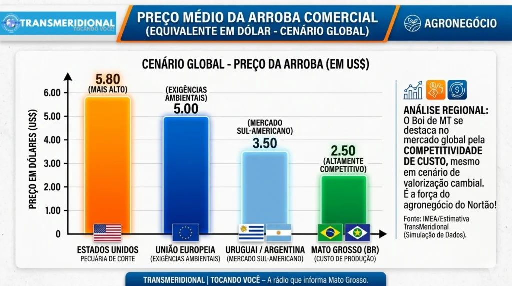 Edição gráfico mostrando o comparativo dos preços do boi em vários países.