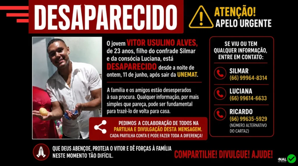 Jovem de 23 anos desaparece após sair da UNEMAT e família faz apelo por informações