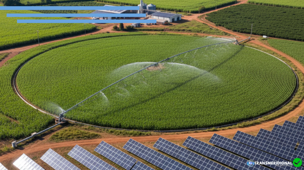 Campo de cultivo em círculo, pivô de irrigação, casa da fazenda com barracões e silos ao fundo, na frente em primeiro plano painéis solares.