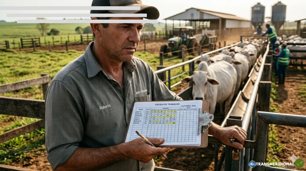 Pecuarista segura planilha de escala de trabalho e ao fundo gado no embarque, funcionários trabalhando e silos desfocados.