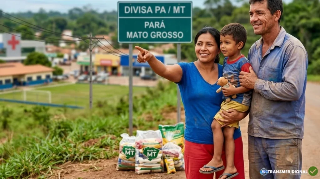 Família em área de fronteira entre Mato Grosso e Pará diante de placa de divisa, simbolizando a dependência de serviços públicos e da economia do Norte de Mato Grosso.