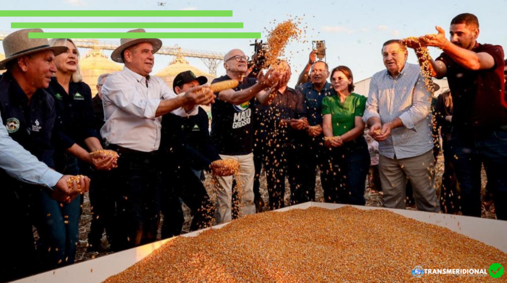 Governador Otaviano Pivette e lideranças do agronegócio jogando milho para o alto.
