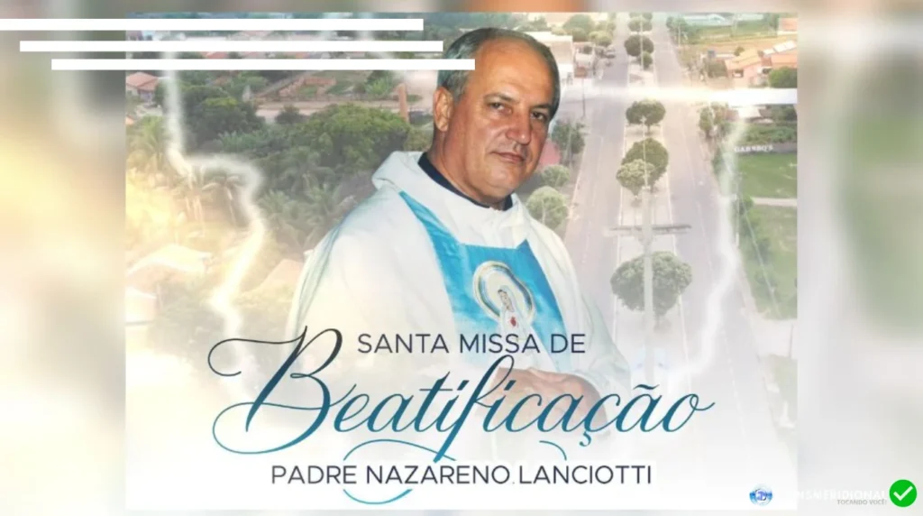 Cartaz da beatificação do Pe. Nazareno Lanciotti. Ao fundo avenida principal da cidade de Jauru, MT, em desfoque.