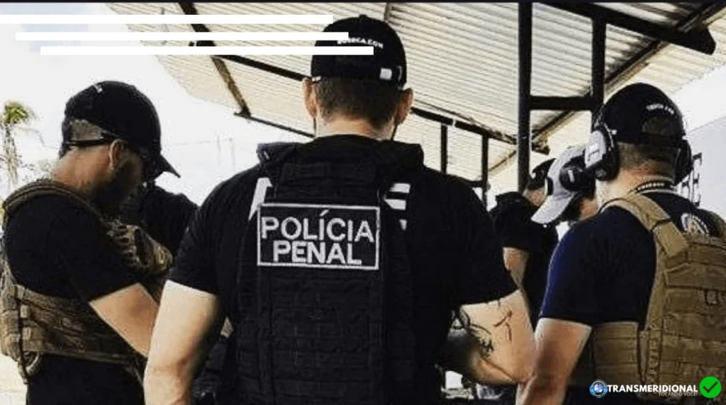 Policiais penais, roupas pretas, todos reunidos.