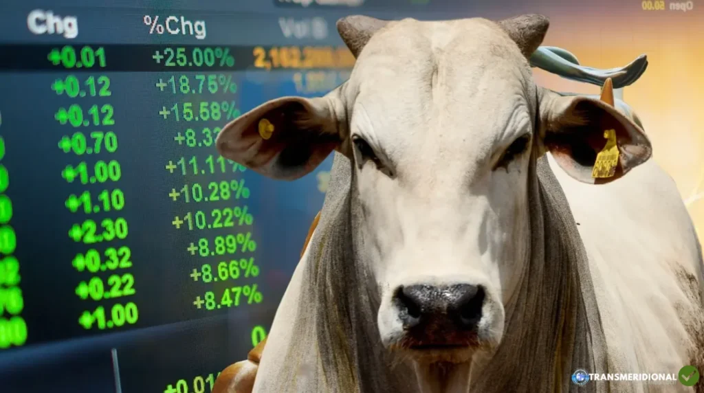 Painel de cotações da bolsa de mercadorias ao fundo e boi nelore em primeiro ponto.