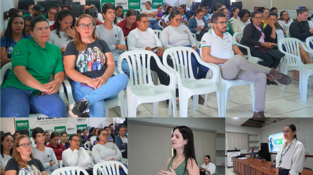 Servidores públicos da saúde municipal reunidos com palestrantes em salão de eventos.