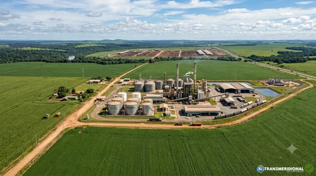 Imagem criação digital de uma área de plantio com uma indústria no centro e confinamento no fundo. 