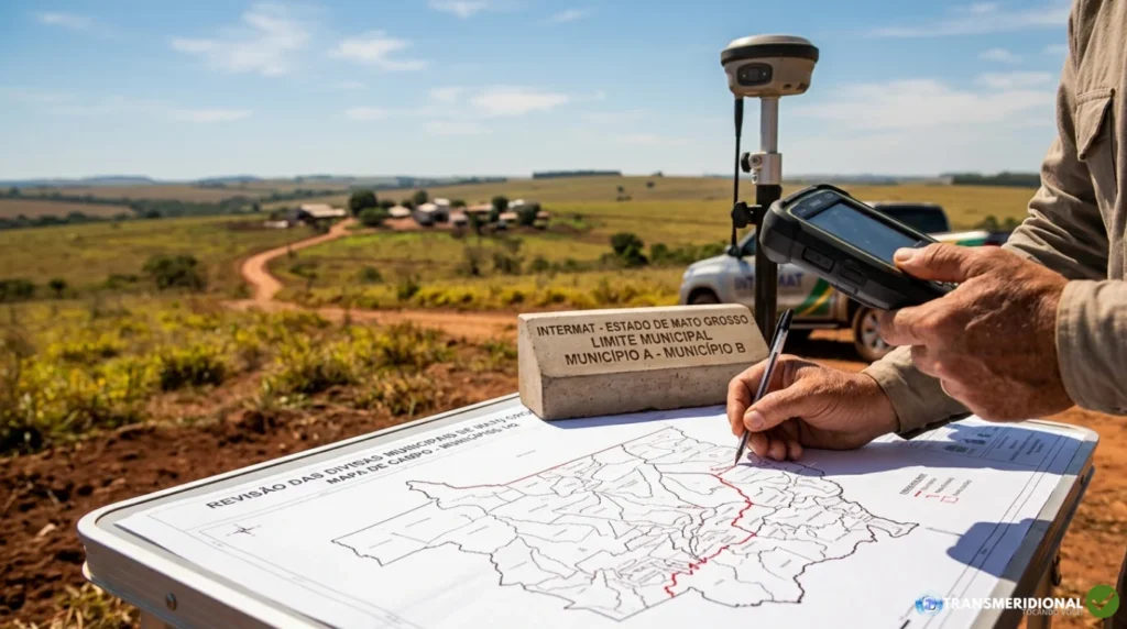 Técnico do Intermat faz demarcação em mapa da revisão das divisas dos 142 municípios de Mato Grosso, usando equipamento de satélite GNSS em campo sob luz solar. Estilo fotográfico profissional de destaque para notícia.
