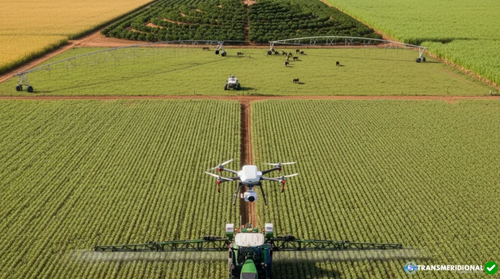 Drone agrícola de precisão sobrevoando uma fazenda style=