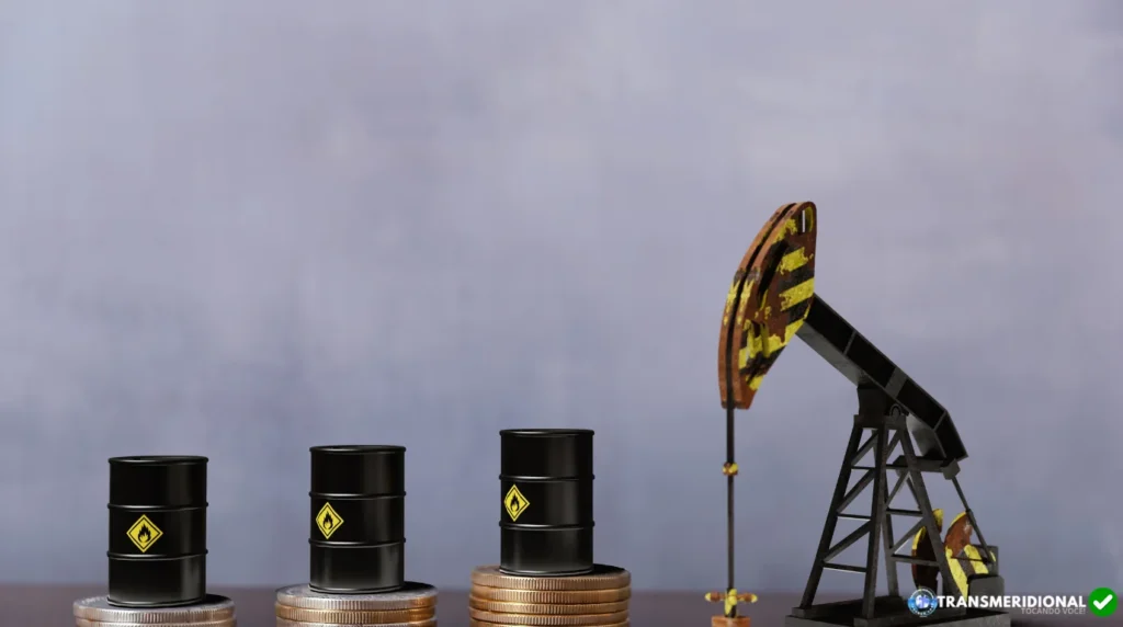 Fotomontagem de bombeador de petróleo com barris de petróleo sob moedas ao lado style=