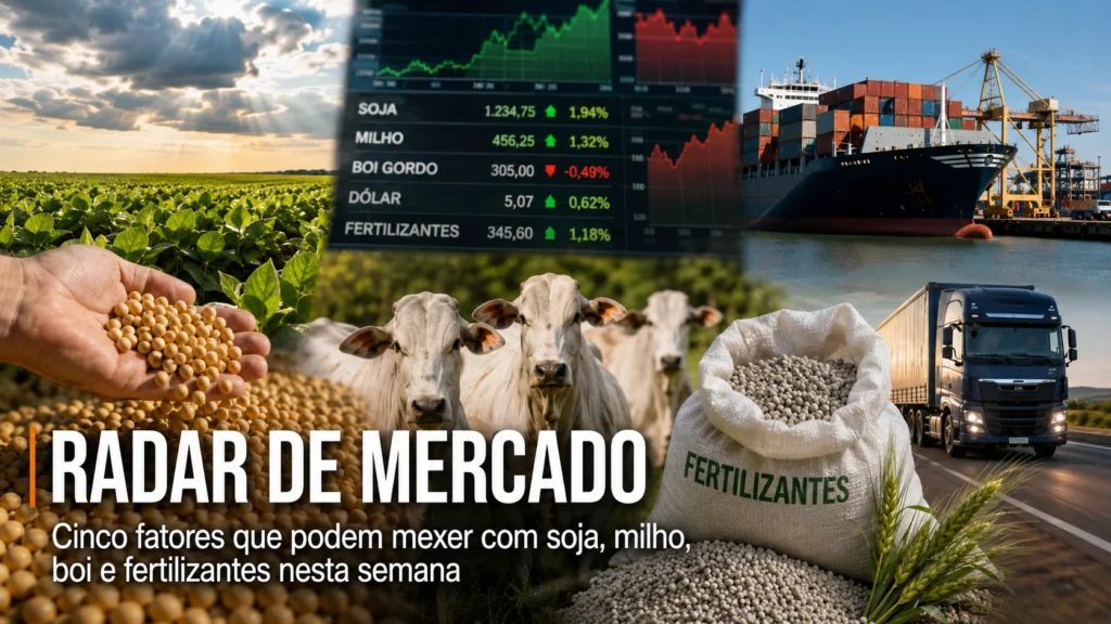 Cinco fatores que podem mexer com soja, milho, boi e fertilizantes nesta semana
