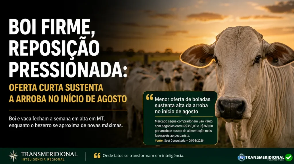COTAÇÕES: Boi firme, reposição pressionada: oferta curta sustenta a arroba no início de agosto