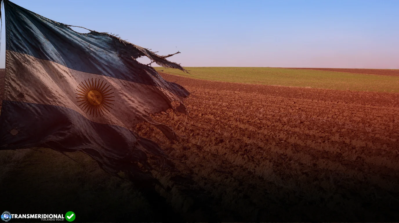 Campo de cultivo desolado com degradê vermelho escuro e bandeira Argentina rasgada style=