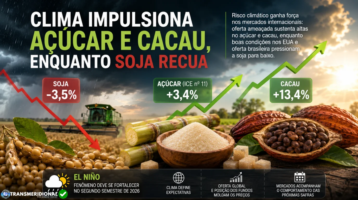 Clima começa a separar as commodities: açúcar e cacau sobem, soja recua Clima começa a separar as commodities: açúcar e cacau sobem, soja recua