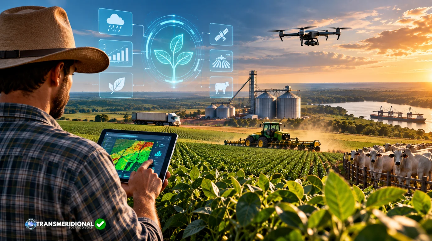 Produtor com tablet drones fazenda gado navio style=