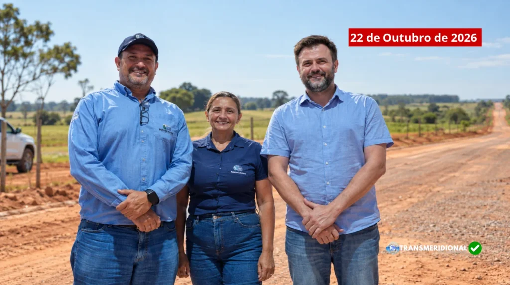 O prefeito Rodrigo Benassi ao lado de representantes e técnicos em uma estrada rural não pavimentada durante vistoria das obras de pavimentação na MT-410 em Colíder.