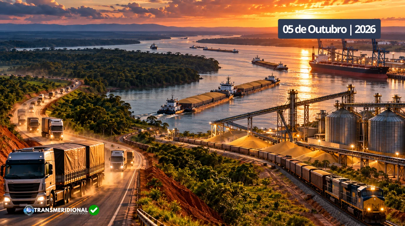 Infográfico ilustrativo sobre a cadeia dos biocombustíveis e do agronegócio[cite: 7], destacando espigas de milho[cite: 7], bovinos Nelore[cite: 7], uma grande usina industrial de etanol/biodiesel ao fundo[cite: 7], caminhão-tanque e trem de carga para transporte de combustíveis[cite: 7], além do fluxo de biocombustível verde-amarelado[cite: 7], acompanhado da logomarca TransMeridional e selo com a data de 05 de Outubro de 2026[cite: 7].