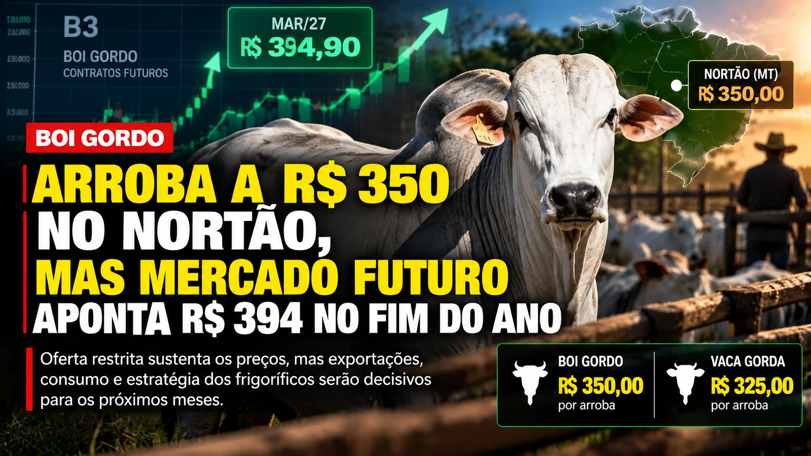 Card informativo sobre o mercado pecuário destacando em primeiro plano um boi da raça Nelore em um curral de fazenda. No canto superior esquerdo, exibe-se um gráfico de cotação da B3 com contrato futuro para março de 2027 a R$ 394,90. No canto superior direito, há um mapa do Brasil com destaque para a região Nortão de Mato Grosso cotada a R$ 350,00. A manchete principal diz: 'BOI GORDO: ARROBA A R$ 350 NO NORTÃO, MAS MERCADO FUTURO APONTA R$ 394 NO FIM DO ANO'. No canto inferior direito, um quadro apresenta as cotações locais: Boi Gordo a R$ 350,00 por arroba e Vaca Gorda a R$ 325,00 por arroba.