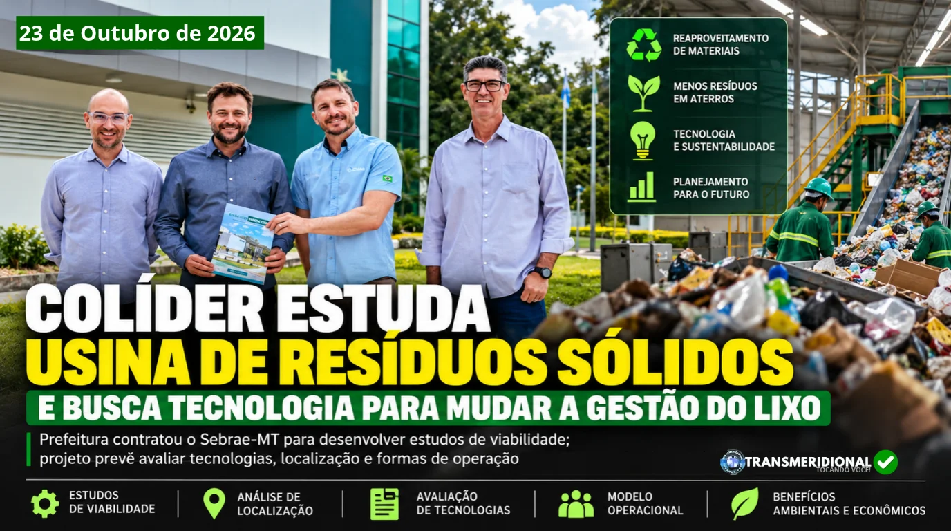 Quatro autoridades municipais posam juntas segurando um documento sobre o projeto da Usina de Resíduos Sólidos em Colíder, ao lado da imagem de uma esteira de reciclagem e tratamento de lixo. No cabeçalho e rodapé da imagem, há o título: 'Colíder estuda usina de resíduos sólidos e busca tecnologia para mudar a gestão do lixo', acompanhado dos selos do Sebrae-MT e da marca TransMeridional.
