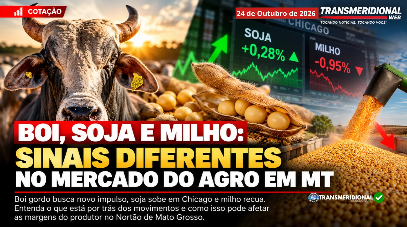 Montagem gráfica sobre o mercado agro em Mato Grosso mostrando um boi nelore em destaque, grãos e vagem de soja abertos, um tubo despejando milho em uma carreta e painel de cotação de Chicago com alta da soja em +0,28% e queda do milho em -0,95%.