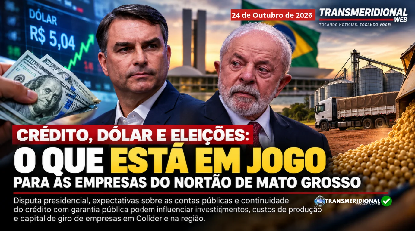 Montagem sobre crédito, dólar e eleições 2026 mostrando Flávio Bolsonaro, Luiz Inácio Lula da Silva, notas de dólar, gráfico de cotação a R$ 5,04, o Congresso Nacional, caminhão e silos de grãos com soja.