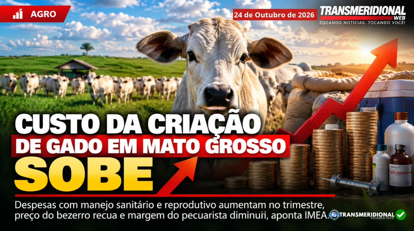 Montagem sobre o custo da criação de gado em Mato Grosso mostrando um bezerro em primeiro plano, rebanho de bovinos no pasto ao fundo, pilhas de moedas de ouro com seta vermelha em alta, seringa e frascos de medicamentos veterinários.