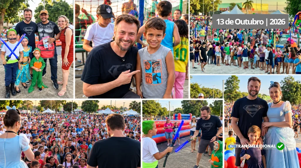 Mosaico de fotos mostrando a comemoração do Dia das Crianças na praça central de Colíder, com o prefeito Rodrigo Benassi interagindo com crianças, distribuição de brinquedos, brinquedos infláveis e grande público presente