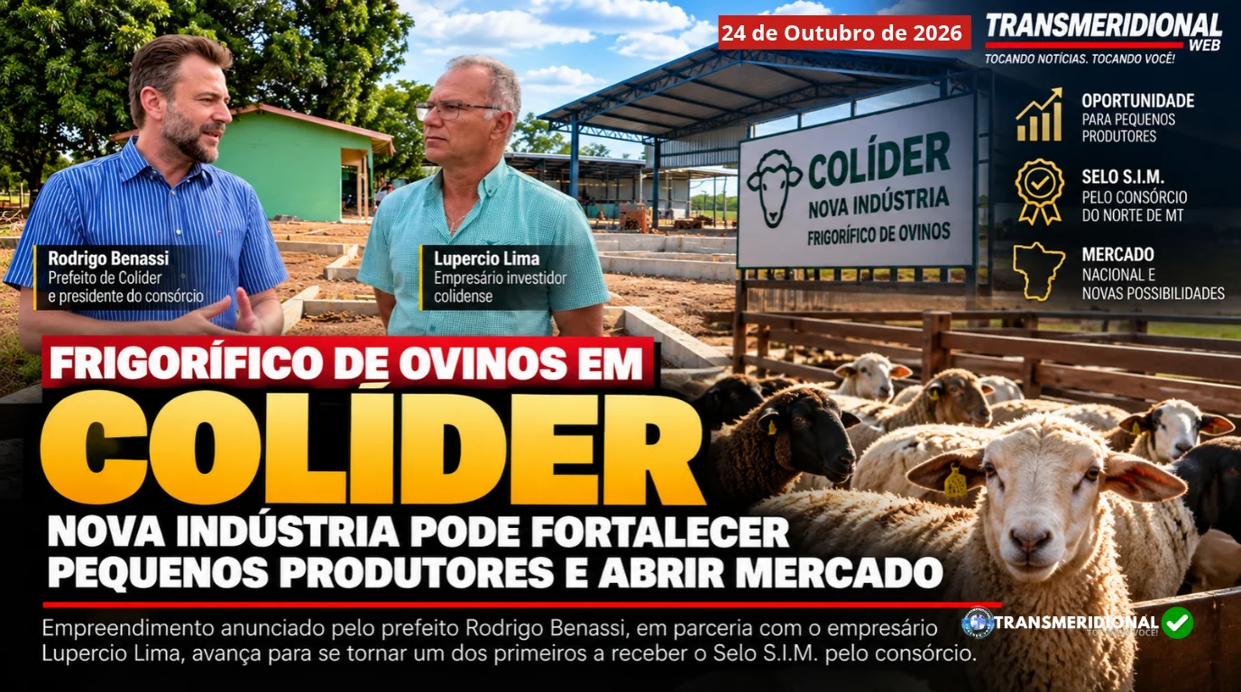 Montagem sobre o novo frigorífico de ovinos em Colíder mostrando o prefeito Rodrigo Benassi e o empresário Lupercio Lima, o galpão da fábrica com placa 'Colíder Nova Indústria Frigorífico de Ovinos', um rebanho de ovelhas e ícones sobre oportunidade, selo S.I.M. e mercado.