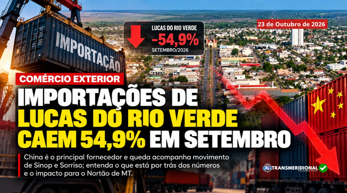 Card sobre comércio exterior com a data de 23 de Outubro de 2026. Do lado esquerdo, um guindaste suspende um contêiner de transporte marítimo com a palavra 'IMPORTAÇÃO'. Ao fundo, uma vista aérea urbana da cidade de Lucas do Rio Verde e, à direita, contêineres vermelhos com a bandeira da China e uma seta vermelha apontada para baixo. O destaque principal traz a mensagem: 'COMÉRCIO EXTERIOR - IMPORTAÇÕES DE LUCAS DO RIO VERDE CAEM 54,9% EM SETEMBRO' com um indicador destacado em vermelho de '-54,9% SETEMBRO/2026', acompanhado do logotipo da TransMeridional.