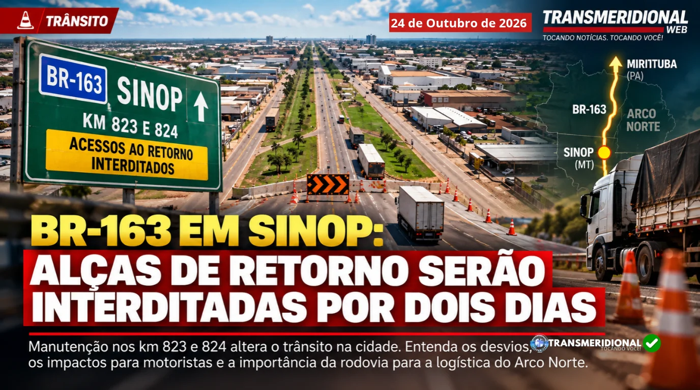Montagem sobre trânsito e logística mostrando uma placa verde com aviso de acessos interditados na BR-163 nos km 823 e 824 em Sinop, vista aérea da rodovia e área urbana, mapa ilustrando a rota de Sinop a Miritituba no Arco Norte e um caminhão em movimento.
