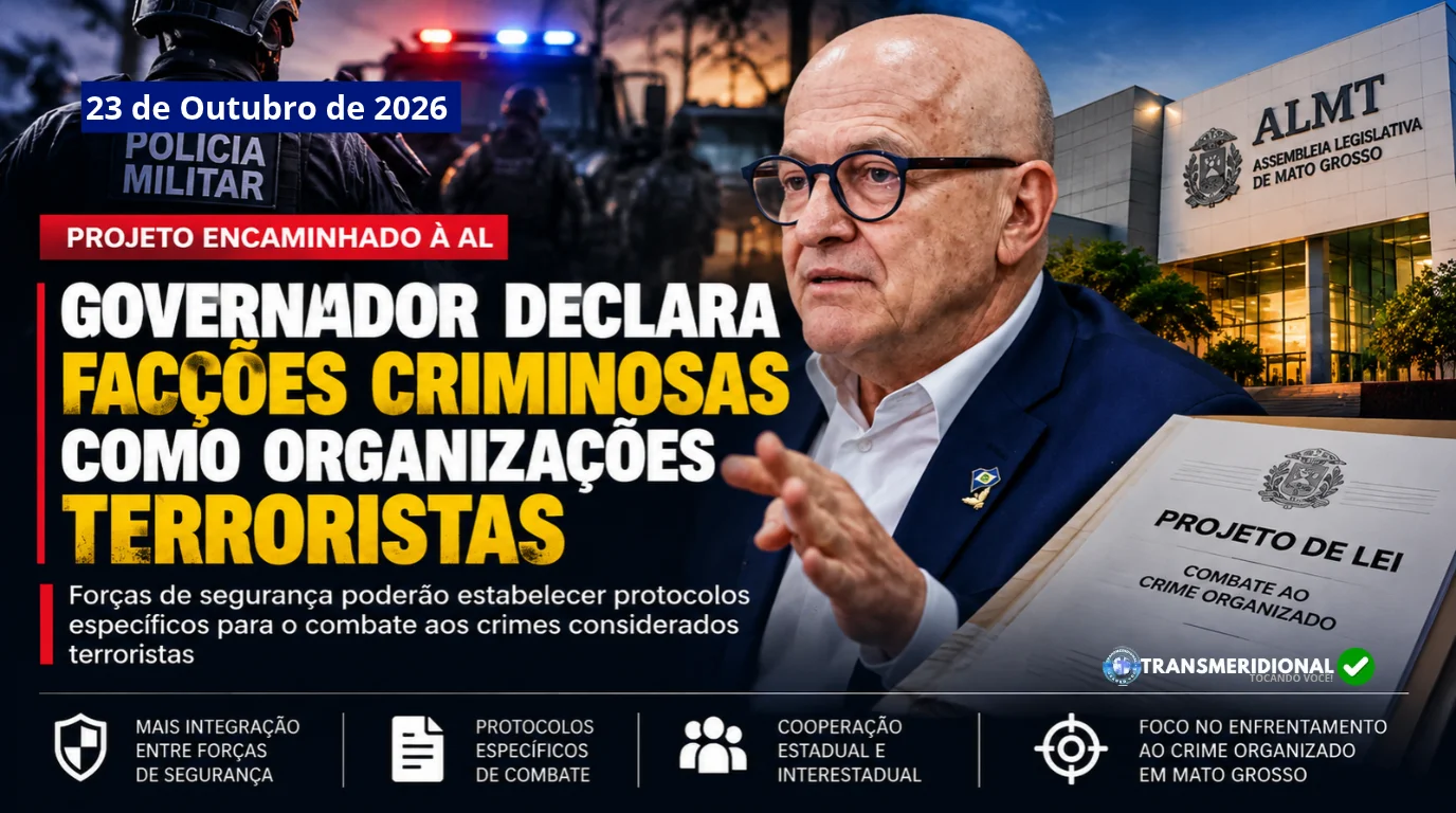 Montagem jornalística com a foto em destaque do governador de Mato Grosso, Mauro Mendes, em primeiro plano segurando uma pasta do Projeto de Lei de Combate ao Crime Organizado. Ao fundo, veem-se policiais militares fardados e o prédio da Assembleia Legislativa de Mato Grosso (ALMT). Na imagem destacam-se a data de 23 de Outubro de 2026 e a manchete: 'GOVERNADOR DECLARA FACÇÕES CRIMINOSAS COMO ORGANIZAÇÕES TERRORISTAS - Projeto encaminhado à AL', além da marca TransMeridional e ícones sobre integração das forças de segurança.