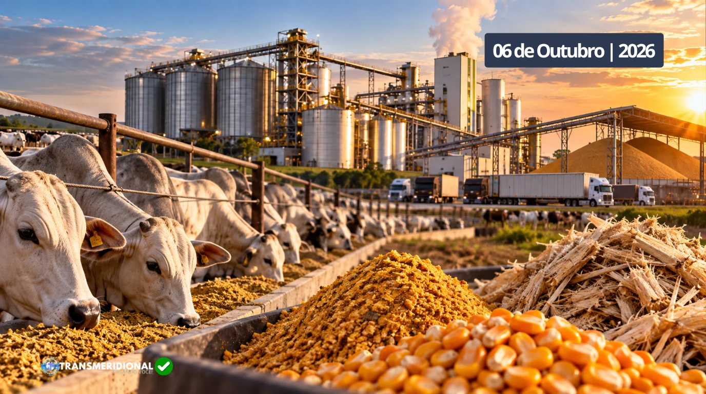 Gado Nelore em confinamento alimentando-se em cocho ao lado de grãos de milho, DDG e bagaço de cana, com grande usina agroindustrial de etanol ao fundo ao pôr do sol.