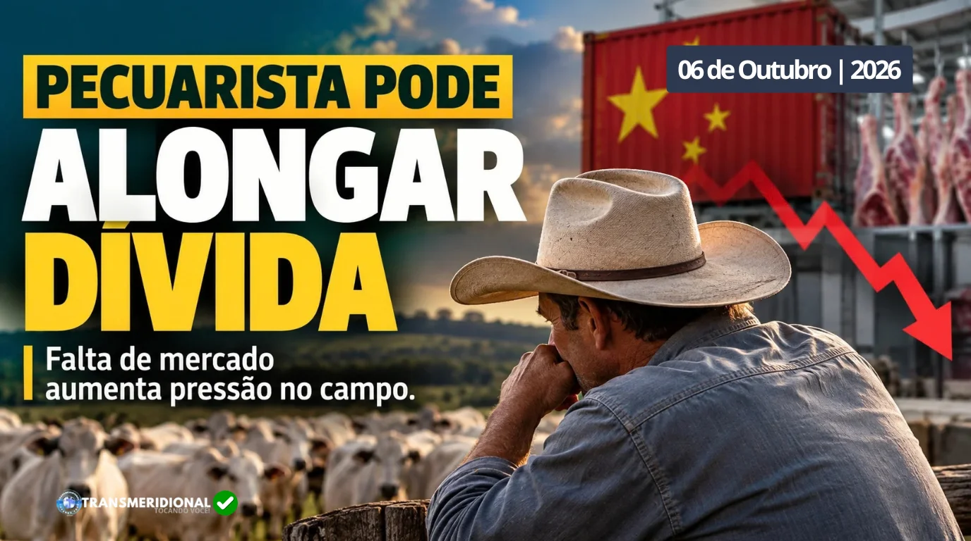 Infográfico e banner editorial com os dizeres 'Pecuarista pode alongar dívida - Falta de mercado aumenta pressão no campo', mostrando um pecuarista reflexivo de chapéu olhando a boiada, fundo com contêiner vermelho com a bandeira da China, carcaças de carne e uma seta vermelha apontando para baixo indicando queda nas exportações.